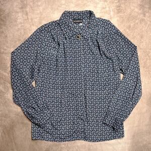 Vintage 80s Notations Paisley Floral Blouse Blue Collared Button Up Disco Retro